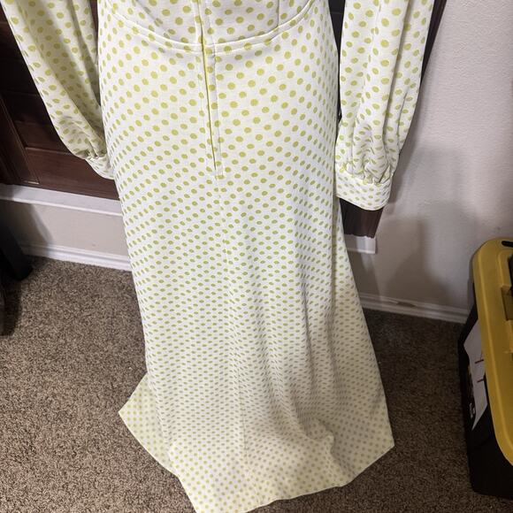 Vintage Maxi Dress 70s Yellow Polka Dot Homemade Prom Dagger Collar Mod Sz S - Picture 8 of 11